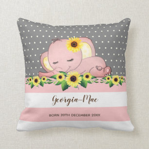Cute Pink Elephant Sleeping on Sunflowers Nursery Cushion