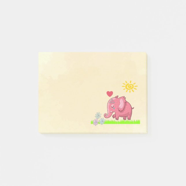 Cute Pink Elephant Smelling Flowers Post-it Notes (Front)
