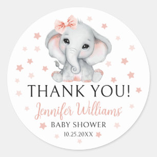 Cute Pink Elephant Stars Baby Girl Shower Sticker