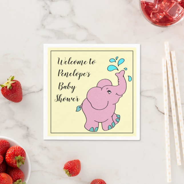 Cute Pink Elephant with Your Name Baby Shower Napkin (Insitu)