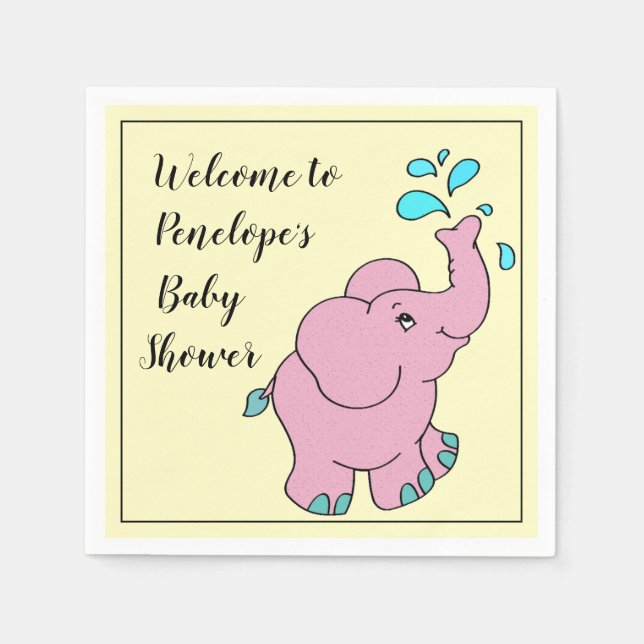 Cute Pink Elephant with Your Name Baby Shower Napkin (Front)