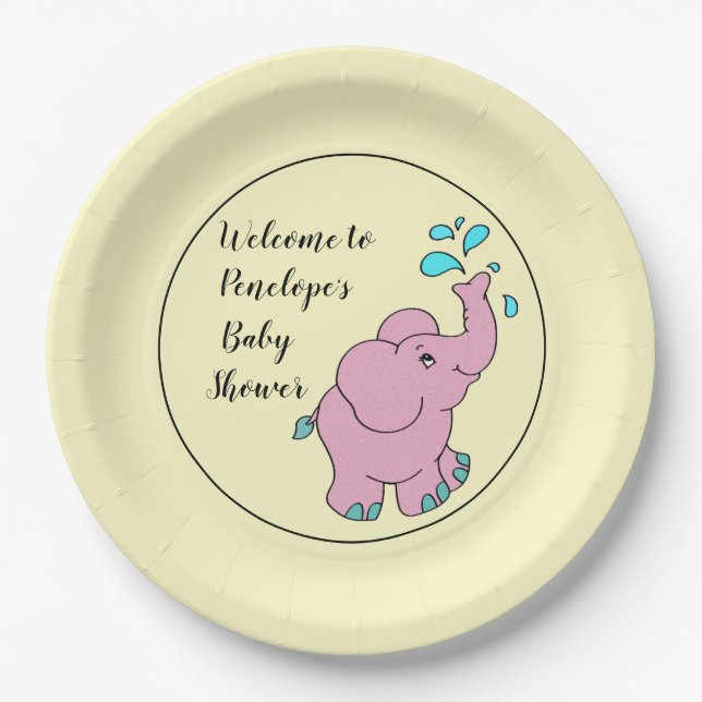 Cute Pink Elephant with Your Name Baby Shower Pape Paper Plate (Front)