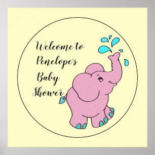 Cute Pink Elephant with Your Name Baby Shower Poster