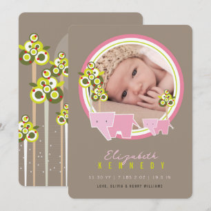 Cute Pink Elephants Family Baby Girl Photo Birth Announcement