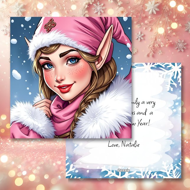 Cute Pink Elf | Merry Christmas Personalised Holiday Card (Creator Uploaded)