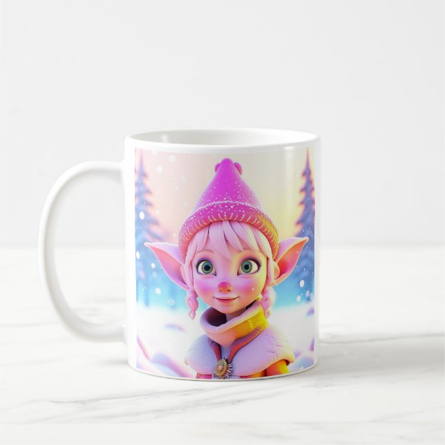 Cute Pink Elf Whimsical Christmas Coffee Mug (Left)