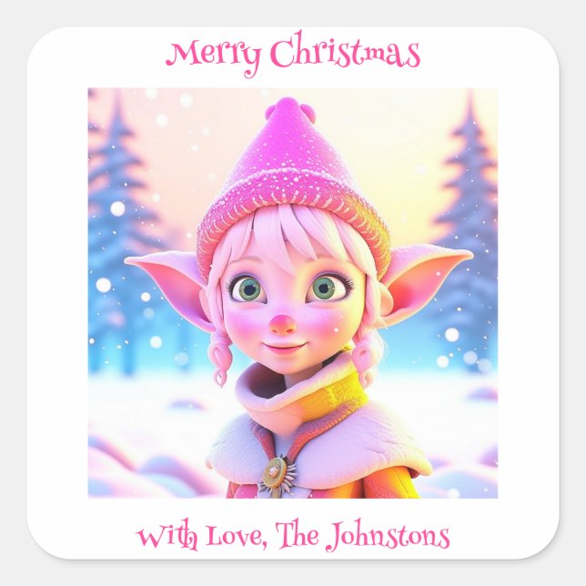 Cute Pink Elf Whimsical Personalised Christmas Square Sticker (Front)