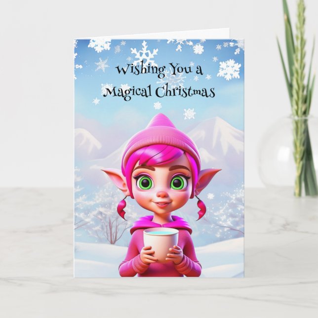 Cute Pink Elf with Coffee or Cocoa Christmas Card (Front)