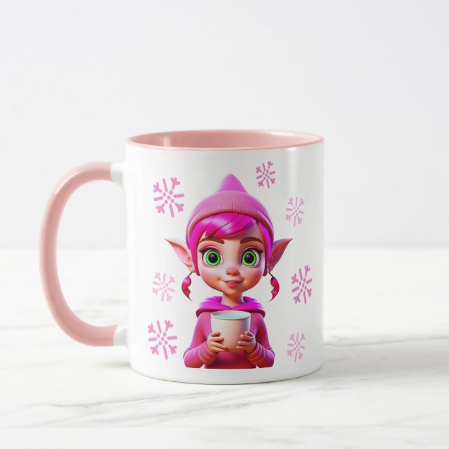 Cute Pink Elf with Coffee or Cocoa Christmas Mug (Left)
