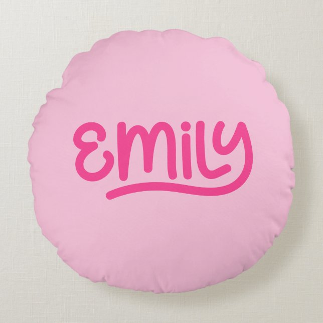 Cute Pink Emily Handwriting Typography Round Cushion (Front)