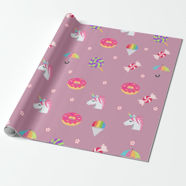 cute pink emoji unicorns candies flowers lollipops wrapping paper (Unrolled)