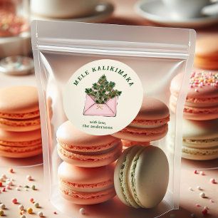 Cute Pink Envelope Holly Greenery Mele Kalikimaka Classic Round Sticker