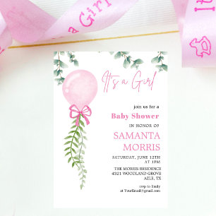 cute Pink eucalyptus Balloon It's Girl Baby Shower Invitation