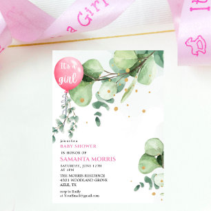 cute Pink eucalyptus Balloon It's Girl Baby Shower Invitation