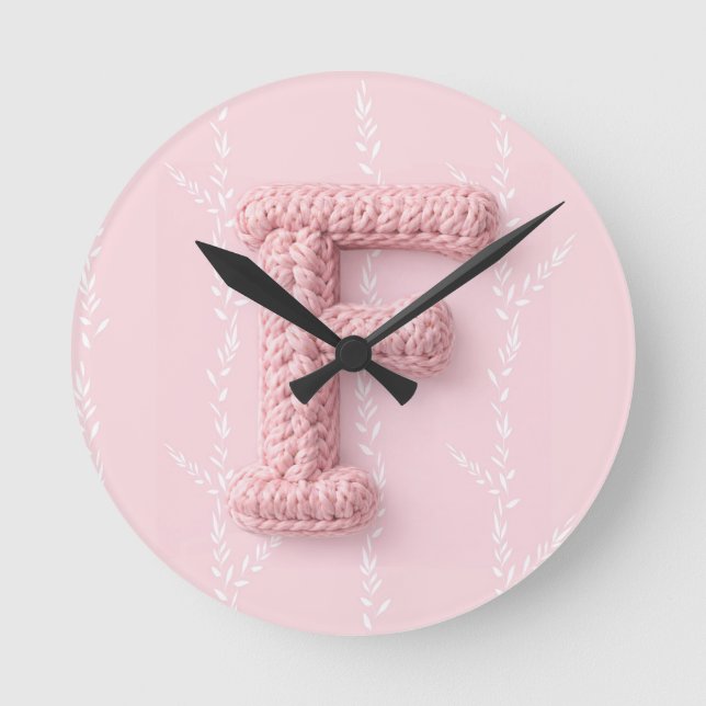 Cute pink F monogram initial crocheted letter boho Round Clock (Front)
