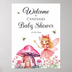 Cute Pink Fairy Mushrooms Baby Shower Poster