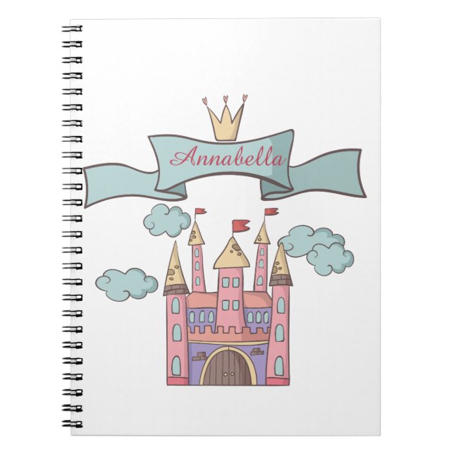 Cute Pink Fairy Tale Princess Castle Custom Name Notebook (Front)
