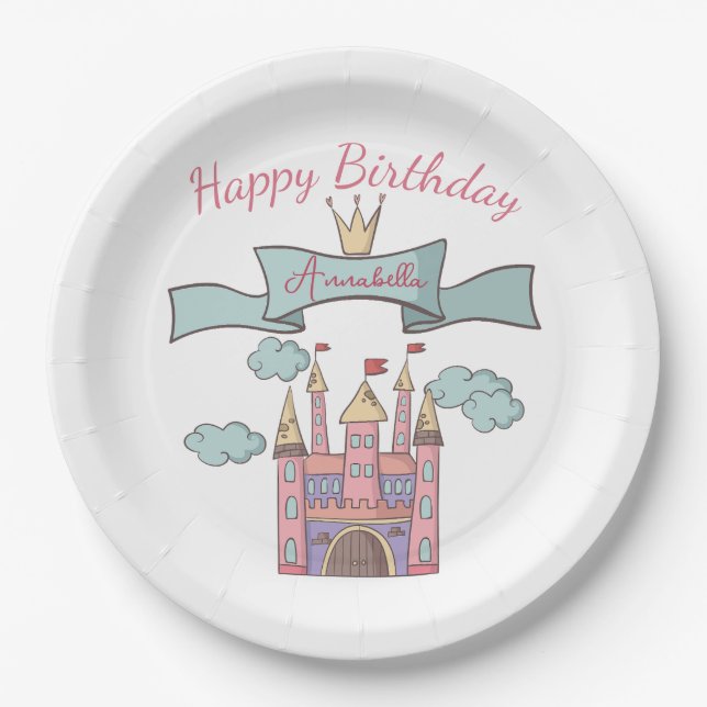 Cute Pink Fairy Tale Princess Castle Custom Name Paper Plate (Front)