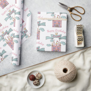 Cute Pink Fairy Tale Princess Castle Custom Name Wrapping Paper