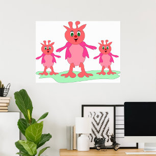 Cute Pink Fantasy Creatures Whimsical Aliens  Poster
