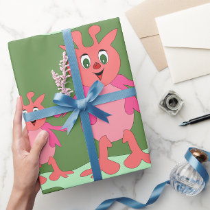 Cute Pink Fantasy Creatures Whimsical Aliens  Wrapping Paper