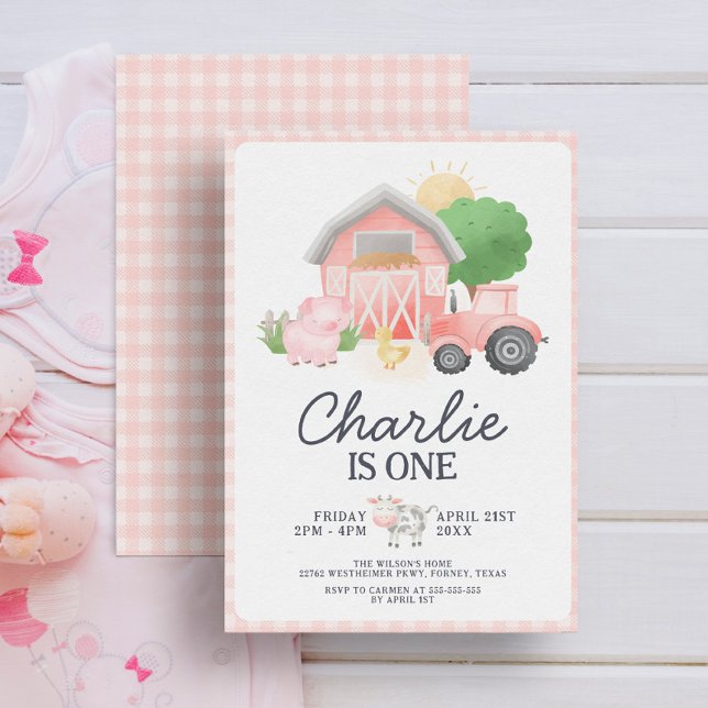 Cute Pink Farm Animals Girl 1st Birthday Invitation (Creator Uploaded)