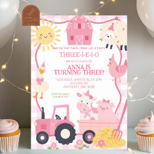 Cute Pink Farm Animals Three-I-E-I-O Girl Birthday Invitation