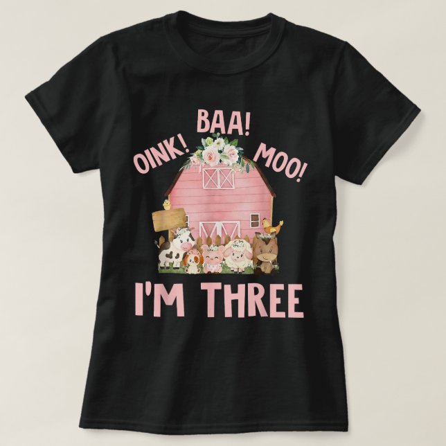 Cute Pink Farm Barnyard 3rd Birthday Outfit Girl 3 T-Shirt (Design Front)