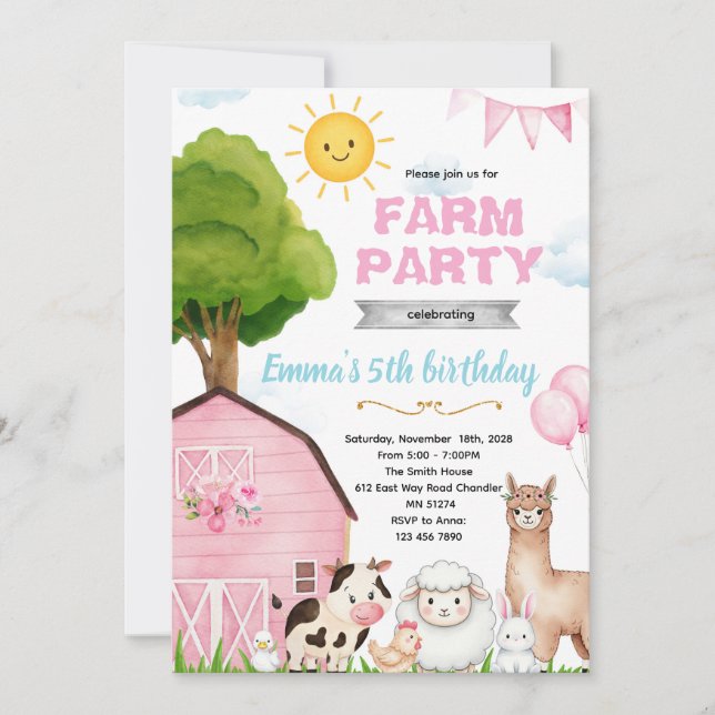 Cute pink farm barnyard invitation (Front)