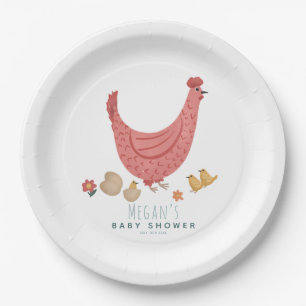 Cute Pink Farm Chicken Girls Baby Shower Paper Plate
