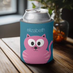Cute Pink Fat Cat - Blue Background Can Cooler