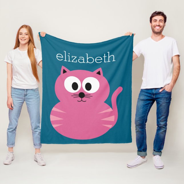 Cute Pink Fat Cat - Blue Background Fleece Blanket (In Situ)