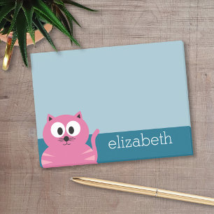 Cute Pink Fat Cat - Blue Background Post-it Notes