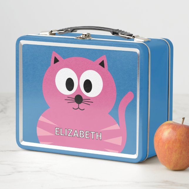 Cute Pink Fat Cat - Custom Name Metal Lunch Box (In Situ)