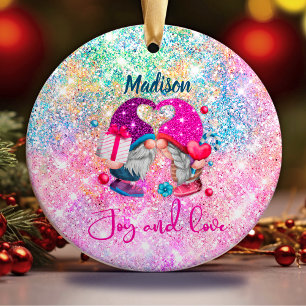 Cute pink faux glitter gnome Christmas monogram Ceramic Ornament