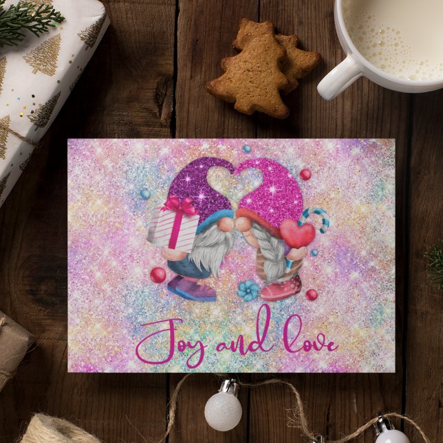 Cute pink faux glitter gnome Christmas monogram Postcard (Creator Uploaded)