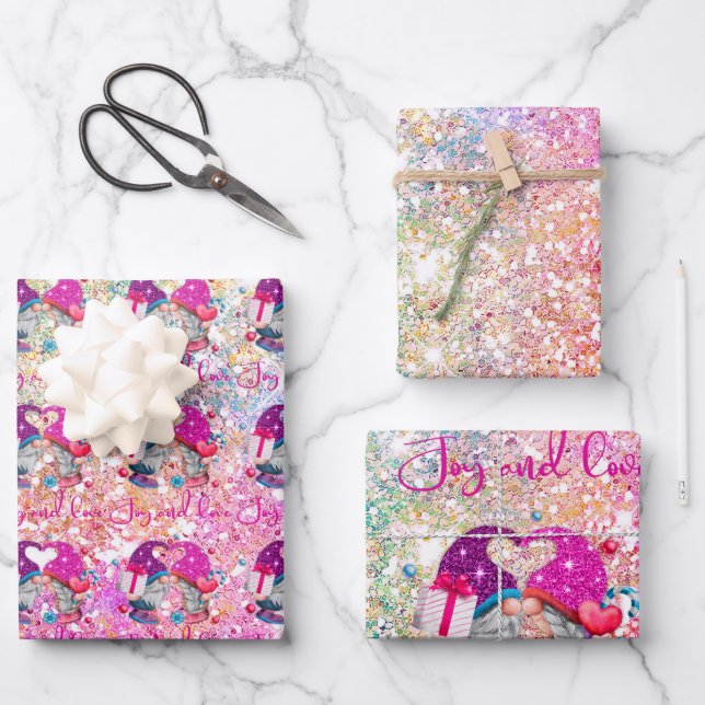 Cute pink faux glitter gnome Christmas Wrapping Paper Sheet (Front)