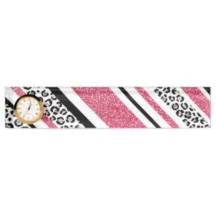 Cute pink faux glitter leopard print stripes nameplate