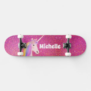 Cute Pink Faux Glitter Unicorn Personalised Skateboard