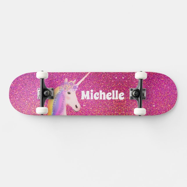 Cute Pink Faux Glitter Unicorn Personalised Skateboard (Horz)