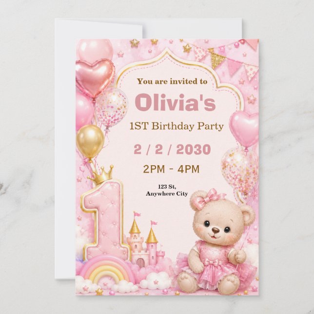 Cute Pink First Birthday Party Invite (Front)