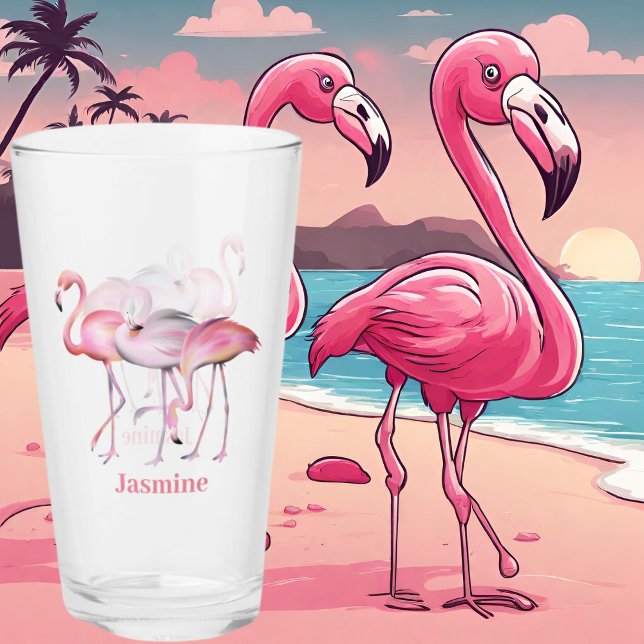 cute pink flamingo add name beach Glass (Creator Uploaded)
