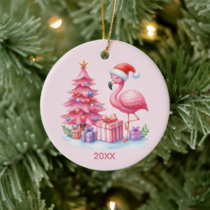 Cute pink flamingo add name year ceramic ornament