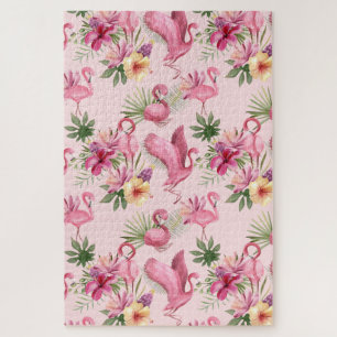 Cute Pink Flamingo And Flowers Jigsaw Puzzle