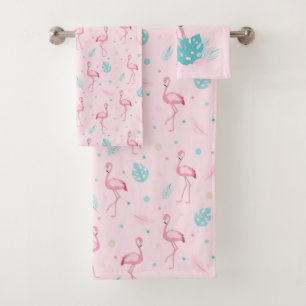 Cute Pink Flamingo and Tropical Plants Pattern Bath Towel Set