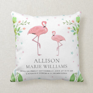 Cute Pink Flamingo Baby Girl Birth Stats Cushion