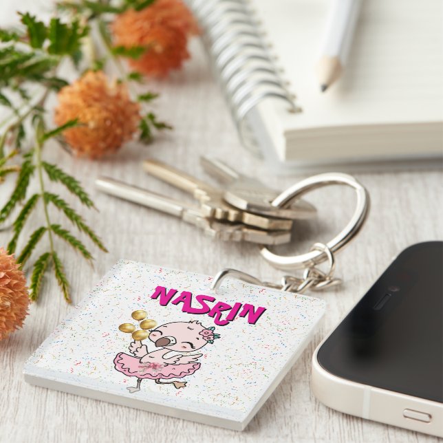 Cute pink  Flamingo Ballerina   Key Ring (Front Right)