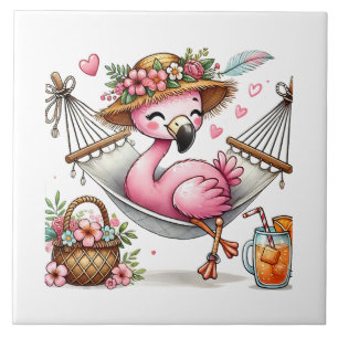 Cute pink flamingo beach lovers ceramic tile