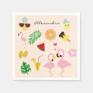 Cute Pink Flamingo Couple with Tropical Summer Napkin