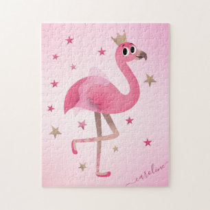 Cute Pink Flamingo Crown Stars Kids Girls Name Jigsaw Puzzle